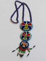 VTG hand made glass seed beads necklace with three shields &amp; fringe Mult... - $41.58