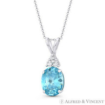 Oval Simulated Blue Topaz &amp; Round Cubic Zirconia Crystal 14k White Gold Pendant - £65.26 GBP+