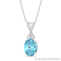 Oval Simulated Blue Topaz &amp; Round Cubic Zirconia Crystal 14k White Gold Pendant - £83.47 GBP+