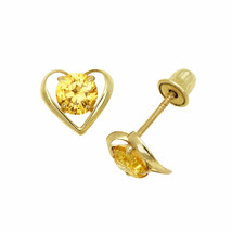 Baby Girl Round Citrine Heart Shape Stud Earrings Screw Back 14K Yellow Gold - £34.12 GBP