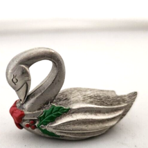 VTG 80&#39;s Spoontiques Mini Pewter Christmas Swan Figure Holly Berry Bow #957 - £11.21 GBP