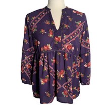 Mi ami Bohemian Baby Doll Blouse M Purple Floral V Neck Puff Sleeve Elastic - £14.51 GBP