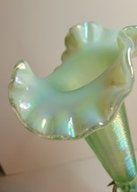 Single Horn Green Opalescent Vase Ribbed in a Metal Holder with  Leaves image 4