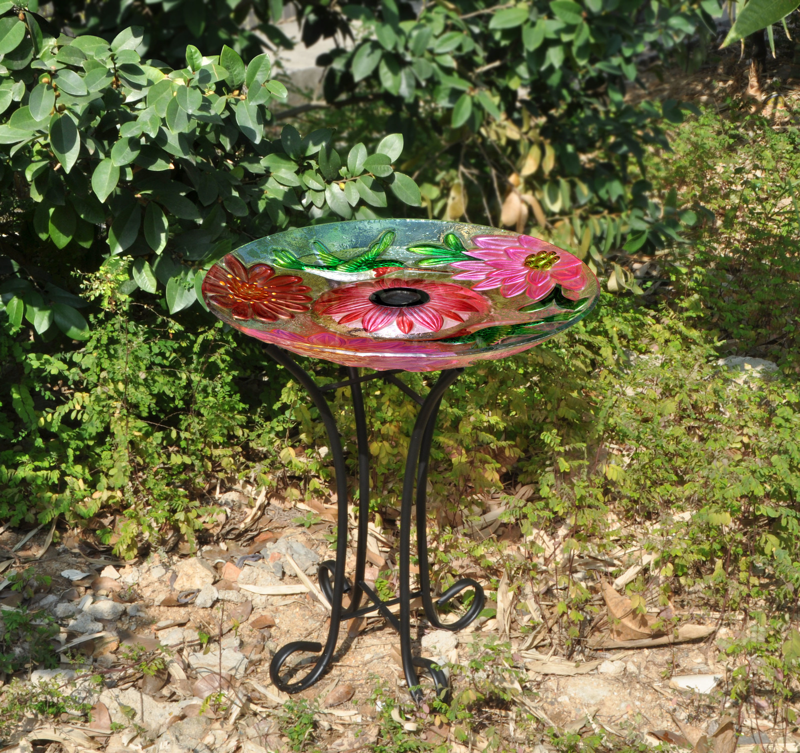 Primary image for Solar Glass Bird Bath W/Metal Stand-Hummingbird Garden Decor Water Fountain