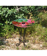 Solar Glass Bird Bath W/Metal Stand-Hummingbird Garden Decor Water Fountain - £63.20 GBP