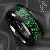 8mm Tungsten Ring Black Celtic Dragon Green Carbon Fiber ATOP Mens Wedding Band - $35.99