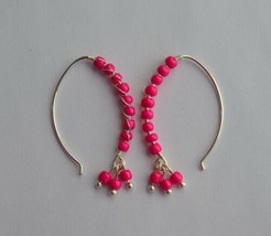 Handmade Wire Wrapped Hot Pink seed bead silver plated Hoop Earring - £10.16 GBP