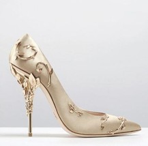 Elegant Silk Women Pumps Leaves Heel High Heels Rhinestone Flower Wedding Shoes  - £121.75 GBP