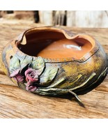 Vtg Rustic Leather Wrapped Artisanal Pottery Rose Floral Boho Ashtray Bowl - $31.73 CAD