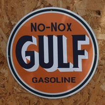 Vintage Gulf No-Nox Gasoline Motor Engine Fuel Porcelain Gas &amp; Oil Pump Sign - £98.32 GBP