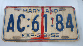 1959 Maryland License Plate &quot;AC:61:84&quot; exp 3*31*59 White Plate Blue Letters - £31.65 GBP