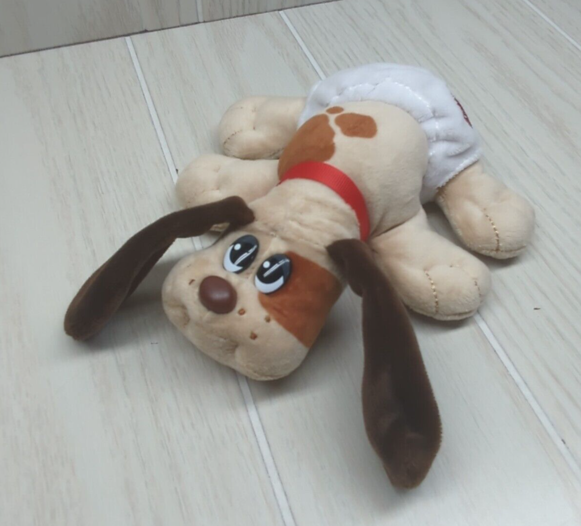 Hasbro Pound Puppies Newborn plush beige tan brown dog spots red collar diaper - $15.58