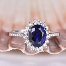 3Ct Oval Blue Sapphire Lab Created Diamond 14k White Gold Women Engagement Ring - £465.77 GBP