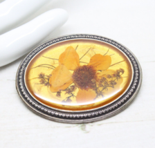 Vintage Signed French Artisan Golden Enamel Dried Flower BROOCH Pin Jewellery - £27.16 GBP