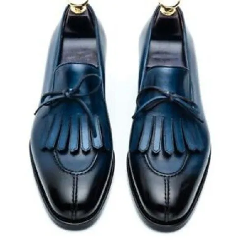 Handmade Men Blue Slip on Shoes with Fringes, Men Blue Formal Dress shoes - £124.96 GBP
