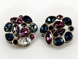 Multicolor Faceted Rhinestone Cluster Goldtone Cast Back Clip On Earring... - $18.48