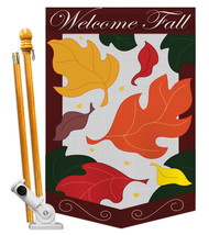 Welcome Fall Leaves - Applique Decorative Pole Bracket House Flag Set HS113032-P - £51.92 GBP