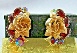 Vintage Ruby Red Rhinestone &amp; Gold Tone Roses Aurora Borealis Clip-on Earrings - £23.96 GBP