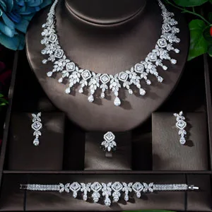 Zircons High Quality White Gold Color Cubic Zirconia Bridal Wedding Necklace And - £89.72 GBP