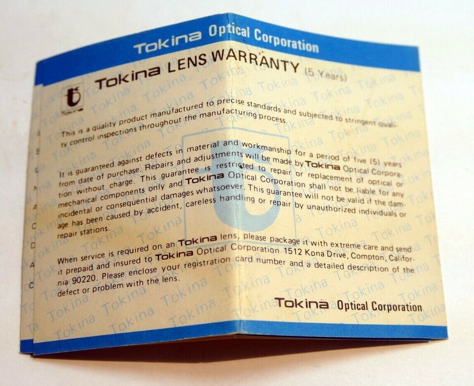 Tokina Lens Registration Card vintage  1980&#39;s - $8.22