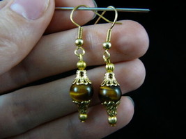 (EE-478-13) one bead Brown tiger&#39;s eye tiger-eye stone dangle earrings gold - $12.19