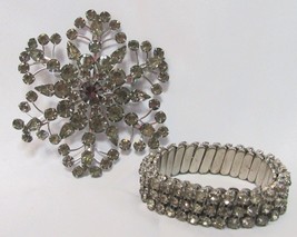 Vintage Smokey Rhinestone 3.25&quot; Brooch &amp; 5&quot; Stretchable Bracelet Set Silver Tone - £29.89 GBP