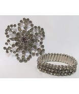 Vintage Smokey Rhinestone 3.25&quot; Brooch &amp; 5&quot; Stretchable Bracelet Set Sil... - $39.99