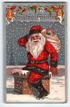 Santa Claus Christmas Postcard Saint Nick On Chimney Top Snow Flakes 1910 Emboss - £16.06 GBP