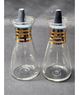 Vintage PYREX MCM Salt &amp; Pepper Shaker Set ATOMIC GOLD Banded Glass &amp; Bl... - $18.98 CAD