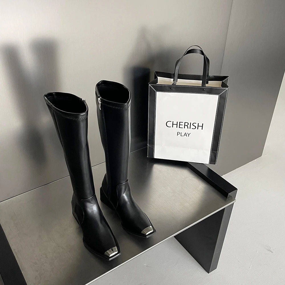 Square Toe Women Knee High Boots Black Mixed Color Side Zipper Thick Mid Heels K - £229.85 GBP