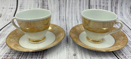 Espresso Cups And Saucers White And Peach Iridescent Floral - Two Sets - $16.34