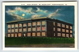 High School By Moonlight Building Harrisonburg Virginia Postcard Linen Unposted - £9.86 GBP