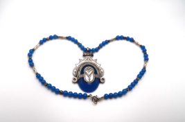 Vintage Blue Hand Made Silver Egyptian Scarab Necklace Signed in Arabic 18&quot; NB11 - $112.93