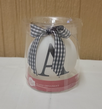 Holiday Time Monogram Glass Ornament Letter &quot;A&quot;  White &amp; Black Buffalo Check Bow - £5.52 GBP