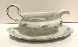 Gravy Boat Bavarian Fine China Germany Blue Garland Attached Bottom Plate Dinner - £39.43 GBP