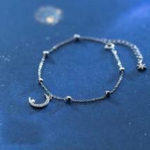 925 Silver Crescent Moon &amp; Star Beaded Charm Diamonds Bracelet Friends Girl Gift - £43.25 GBP