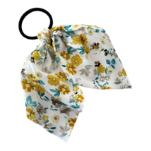 Fabric Scarf Hair Tie Ponytail Elastic Holder Yellow Multicolor Flower Print - £2.40 GBP