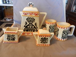 Ceramic Coffee Pot, Creamer, Sugar, 2 Mugs Aztec Design from Clay Art 1995 - $114.00