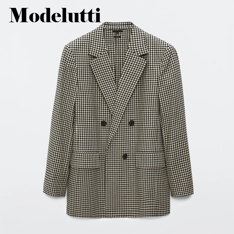 Modelutti   Spring Autumn  Plaid Blazer Jacket Coat Women Simple Temperament Cas - £162.32 GBP