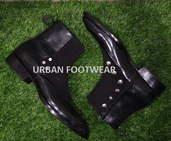 Mens New Handmade Formal Boots, Black Leather Studded Ankle High Side Zipper