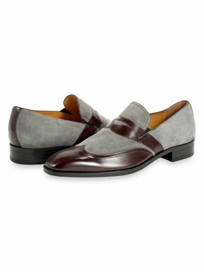 Penny Loafer Slip on Men's Shoes Gray Suede Brown Premium Leather Derby Toe