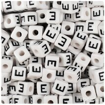 BeadTin White Opaque 10mm Cube Plastic Alphabet Beads- Black Letter "E" ... - $2.09