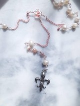 Mother Mary Freshwater Pearl Rosary Fleur de Lis Prayer Beads 54 Beads - £77.84 GBP