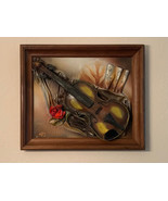 3-D High Relief Hand Made Leather Painting of Violin Framed 26x22x2.5&quot; - £152.05 GBP