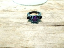 Black Ring Purple Stone Cubic Zirconia Skull Jewelry Solitaire Size 6 7 Gothic - £7.84 GBP