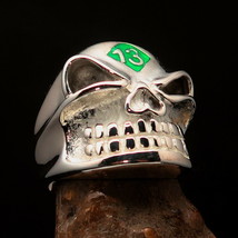 Excellent Men&#39;s Biker Ring Gnome Skull lucky Green Number 13 - Sterling Silver - £55.06 GBP