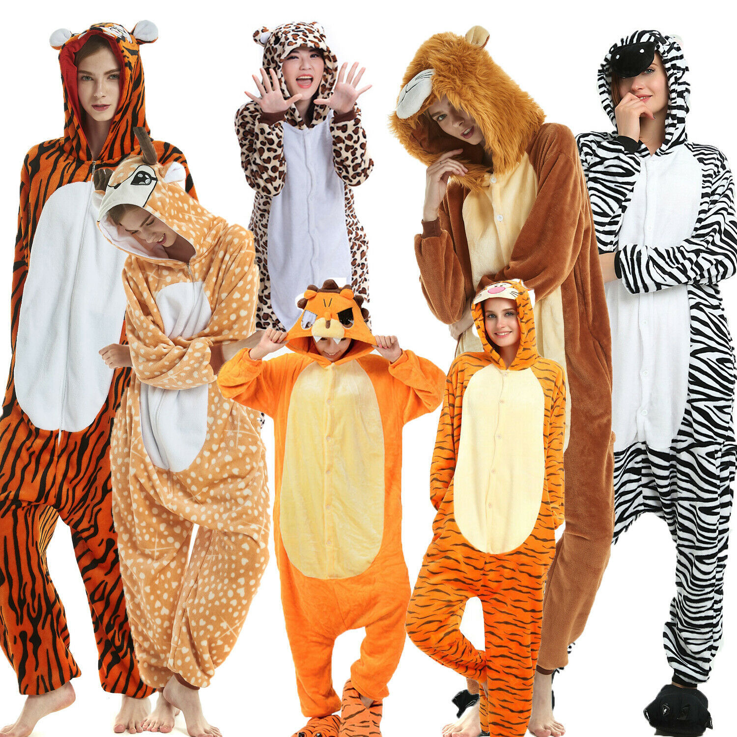 Tiger Kigurumi Deer Zebra Animal Cosplay Pajamas Adult Flannel Onesis Jumpsuit