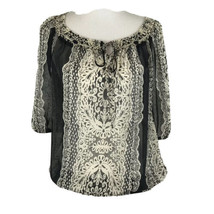 Mossimo Womens Shirt Size XS Black Cream Sheer Floral Striped Top 3/4 Sleeve - £12.25 GBP