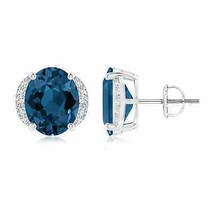 London Blue Topaz Oval Stud Earrings with Diamond in 14K Gold (AAA , 10x8MM) - £1,075.09 GBP