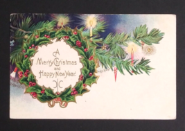 A Merry Christmas &amp; Happy New Year Wreath Holly Series Embossed Postcard c1910s - £7.58 GBP